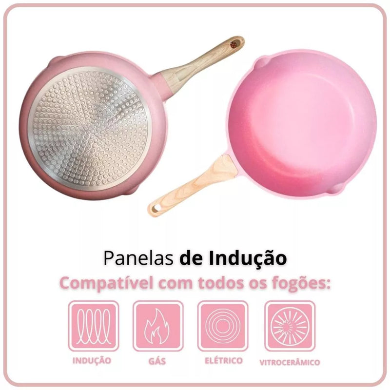 Jogo de Panelas 5 Peças - Fogão Indução, Gás.  Revestido em Cerâmica Granito Antiaderente Frigideira